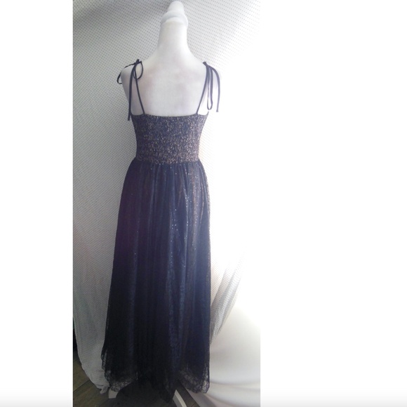 NEW CHELSEA28 Black Nude LACE Sequin Tulle TIE STRAP Party HOLIDAY Maxi DRESS M - Picture 8 of 10